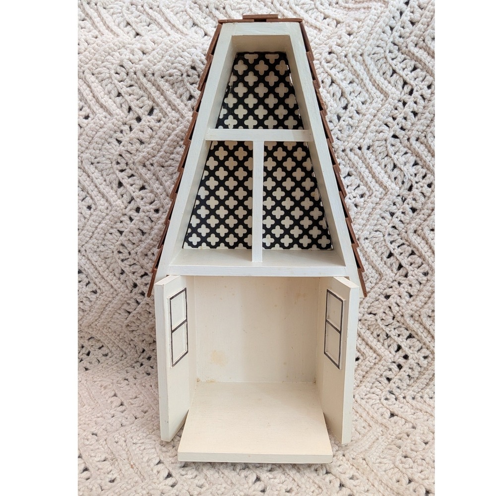 Handmade Wooden A-Frame House Shadow Box Wall Shelf Shingle Roof Cream 15in